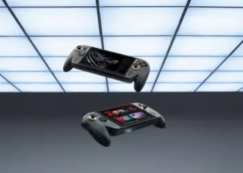 Dua unit Asus ROG Ally X20 tampak depan dan belakang melayang di ruangan studio futuristik.