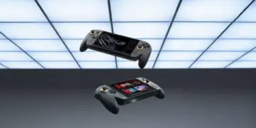 Dua unit Asus ROG Ally X20 tampak depan dan belakang melayang di ruangan studio futuristik.