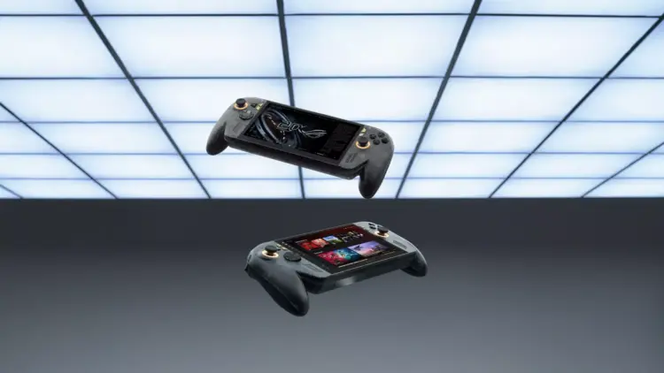 Dua unit Asus ROG Ally X20 tampak depan dan belakang melayang di ruangan studio futuristik.