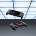 Dua unit Asus ROG Ally X20 tampak depan dan belakang melayang di ruangan studio futuristik.
