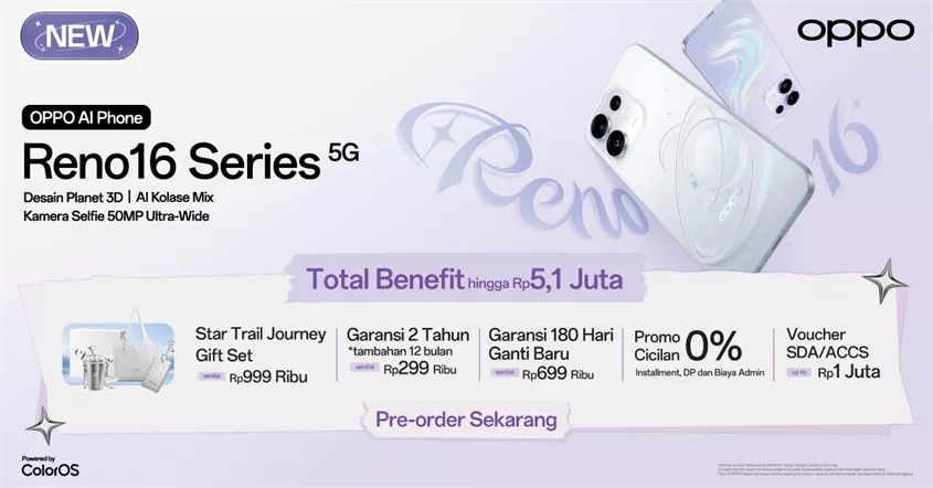 Banner promo Preorder Oppo Reno16 dengan total benefit hingga Rp5,1 juta dan paket eksklusif Star Trail Journey Gift Set.