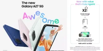 Poster promo penjualan perdana Samsung Galaxy A27 5G dengan penawaran double storage