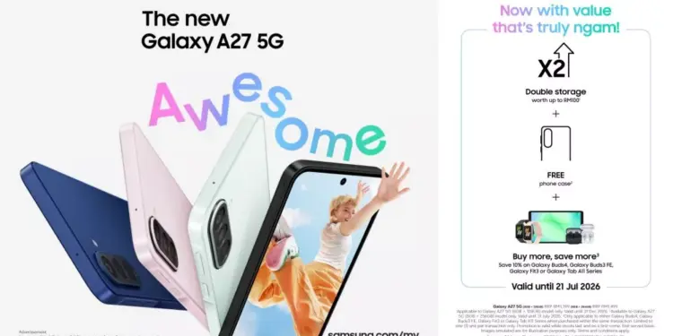 Poster promo penjualan perdana Samsung Galaxy A27 5G dengan penawaran double storage