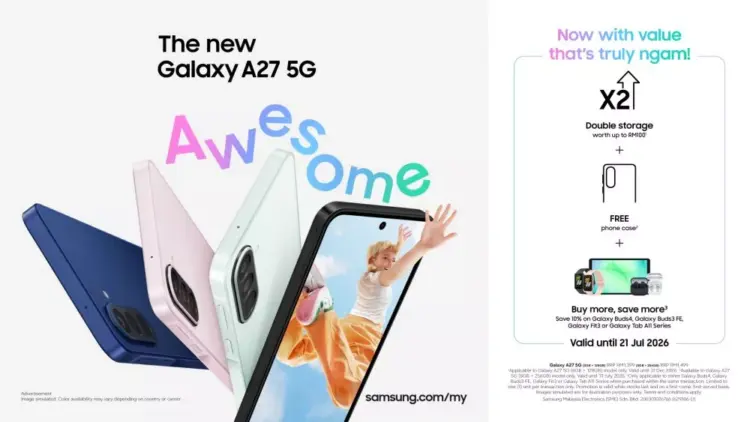 Poster promo penjualan perdana Samsung Galaxy A27 5G dengan penawaran double storage