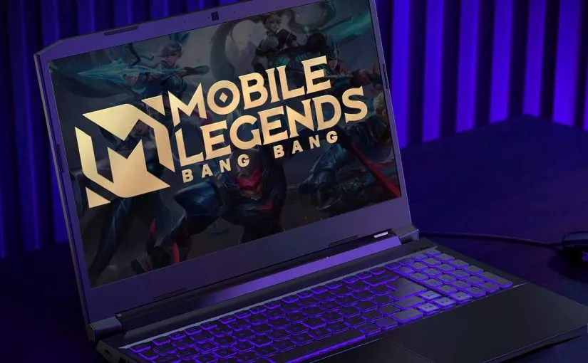 Layar laptop gaming yang menampilkan logo game Mobile Legends Bang Bang