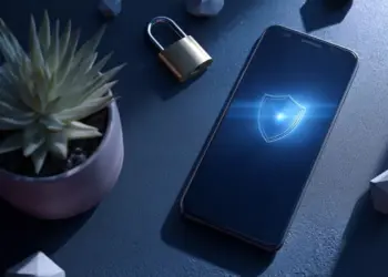 Smartphone menampilkan logo perisai bercahaya di samping gembok besi sebagai simbol privasi online yang aman.