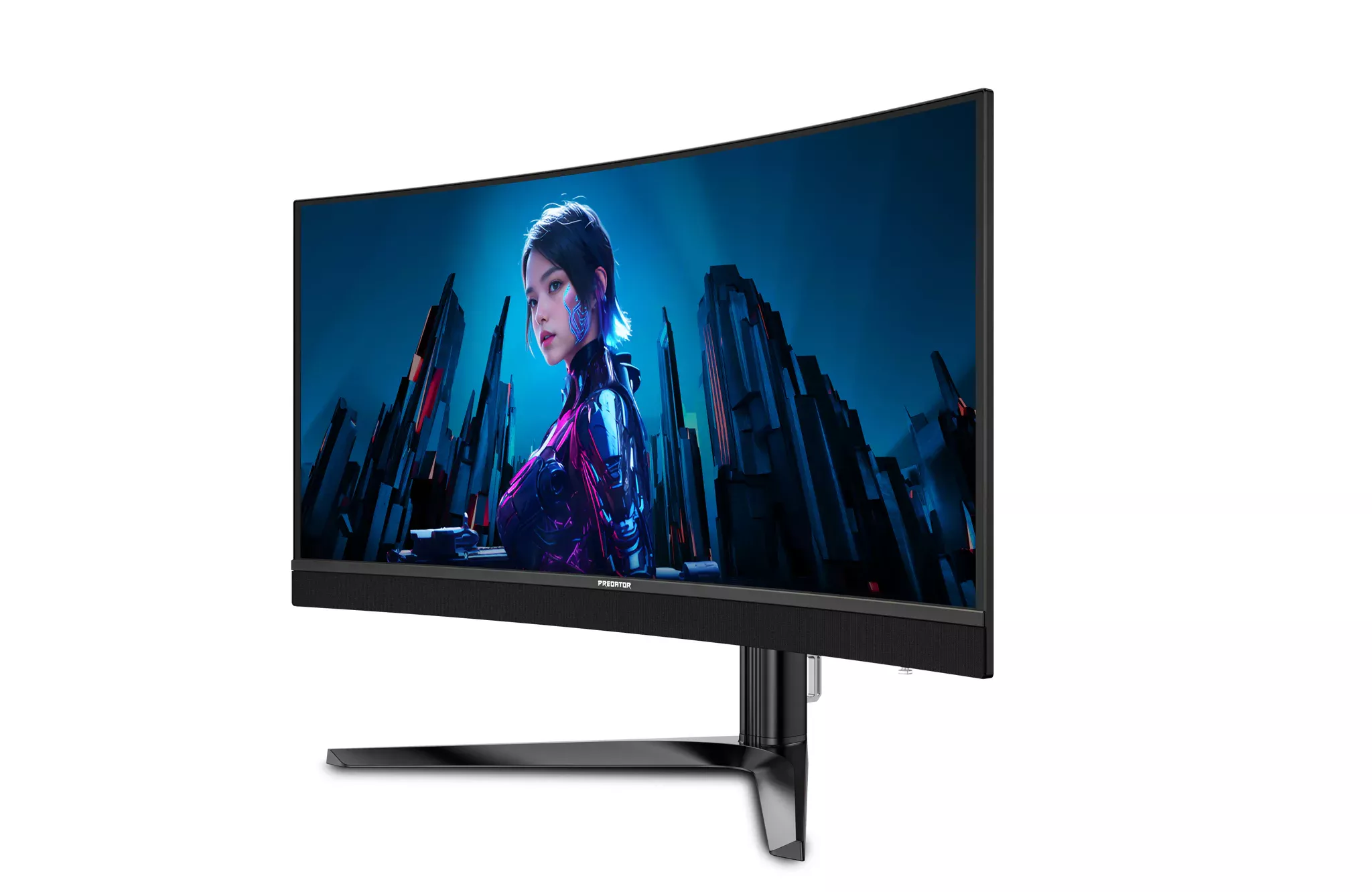 Monitor gaming curved Acer Predator menampilkan visual karakter game cyberpunk wanita dengan detail tajam.