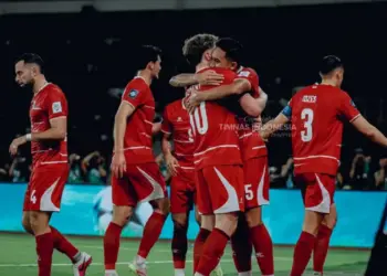Selebrasi gol para pemain Timnas Indonesia di lapangan sebagai bentuk optimisme memenangkan pertandingan Friendly Match 2026.