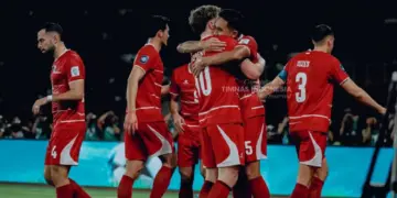 Selebrasi gol para pemain Timnas Indonesia di lapangan sebagai bentuk optimisme memenangkan pertandingan Friendly Match 2026.