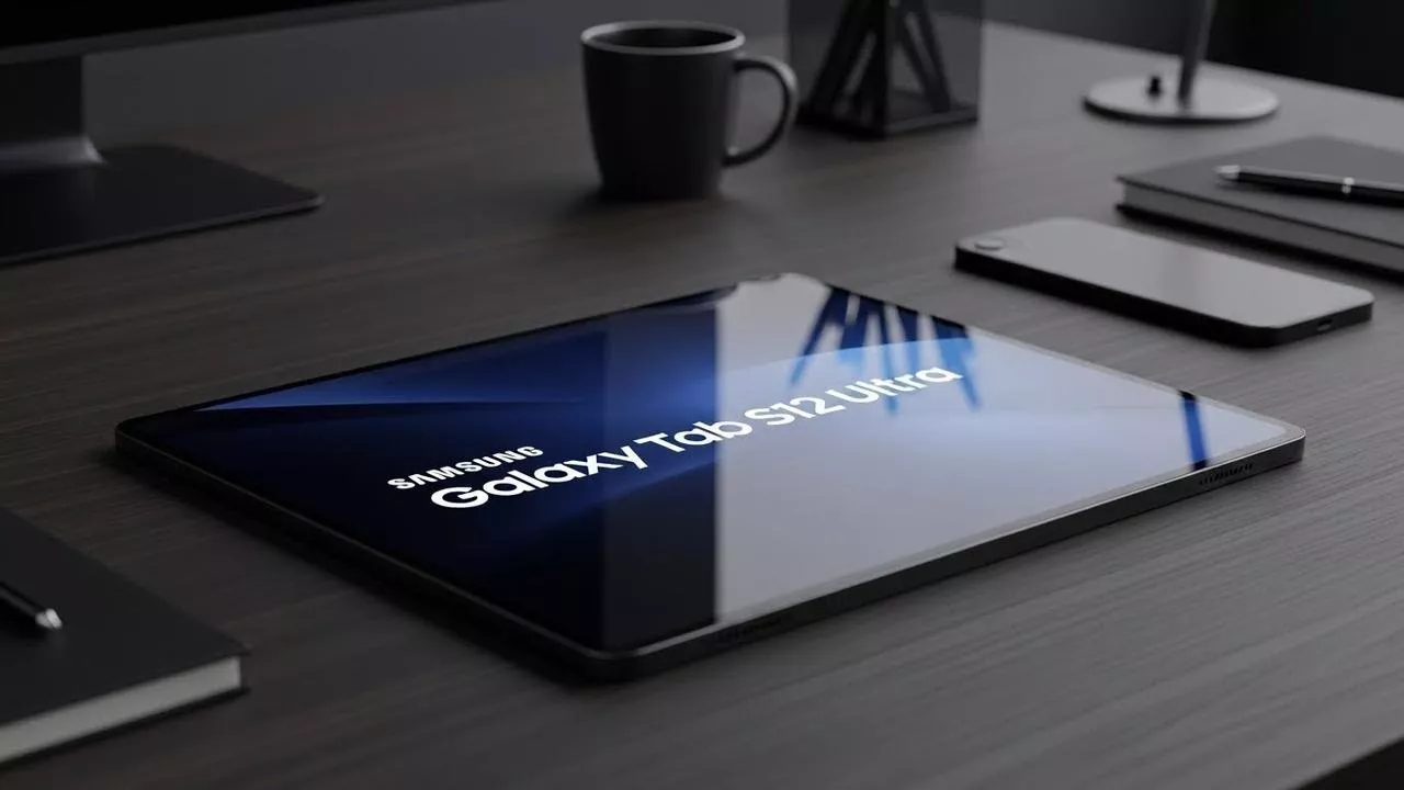 Tablet premium Samsung Galaxy Tab S12 Ultra diletakkan di atas meja kerja kayu hitam berdampingan dengan secangkir kopi.