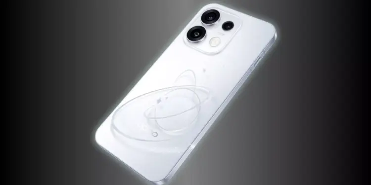 Smartphone Oppo Reno16 warna putih dengan modul kamera AI System dan desain bodi belakang bertekstur Planet 3D.
