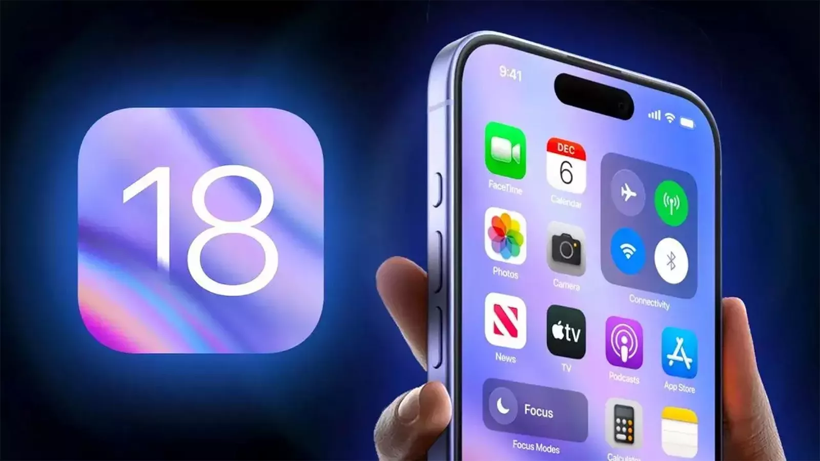 Tampilan layar depan smartphone dengan Dynamic Island berlatar belakang logo angka 18 yang menyala biru keunguan untuk visualisasi iPhone 18.