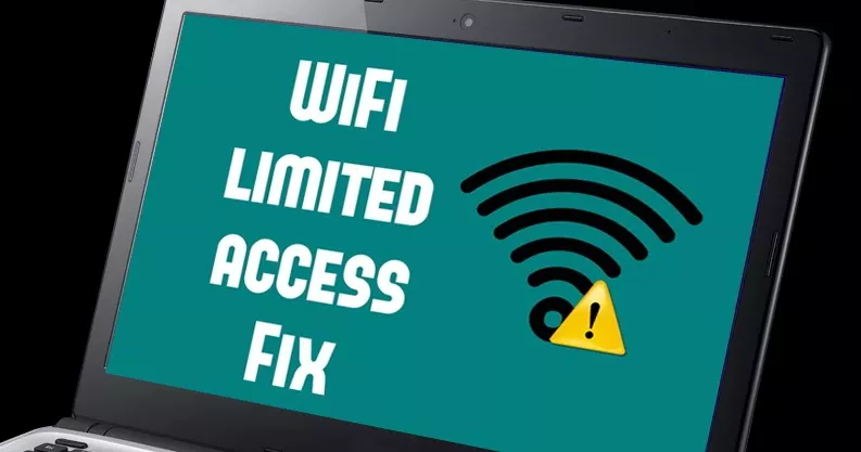 Layar laptop menampilkan teks WiFi Limited Access Fix beserta ikon sinyal dengan tanda peringatan segitiga kuning.