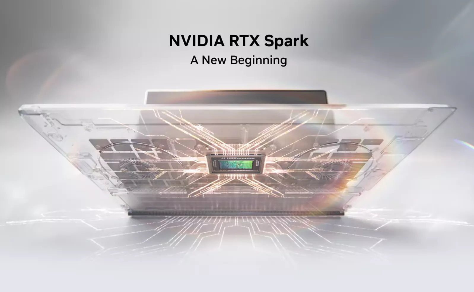Tampilan tembus pandang arsitektur chip GPU NVIDIA RTX Spark pada perangkat laptop modern.