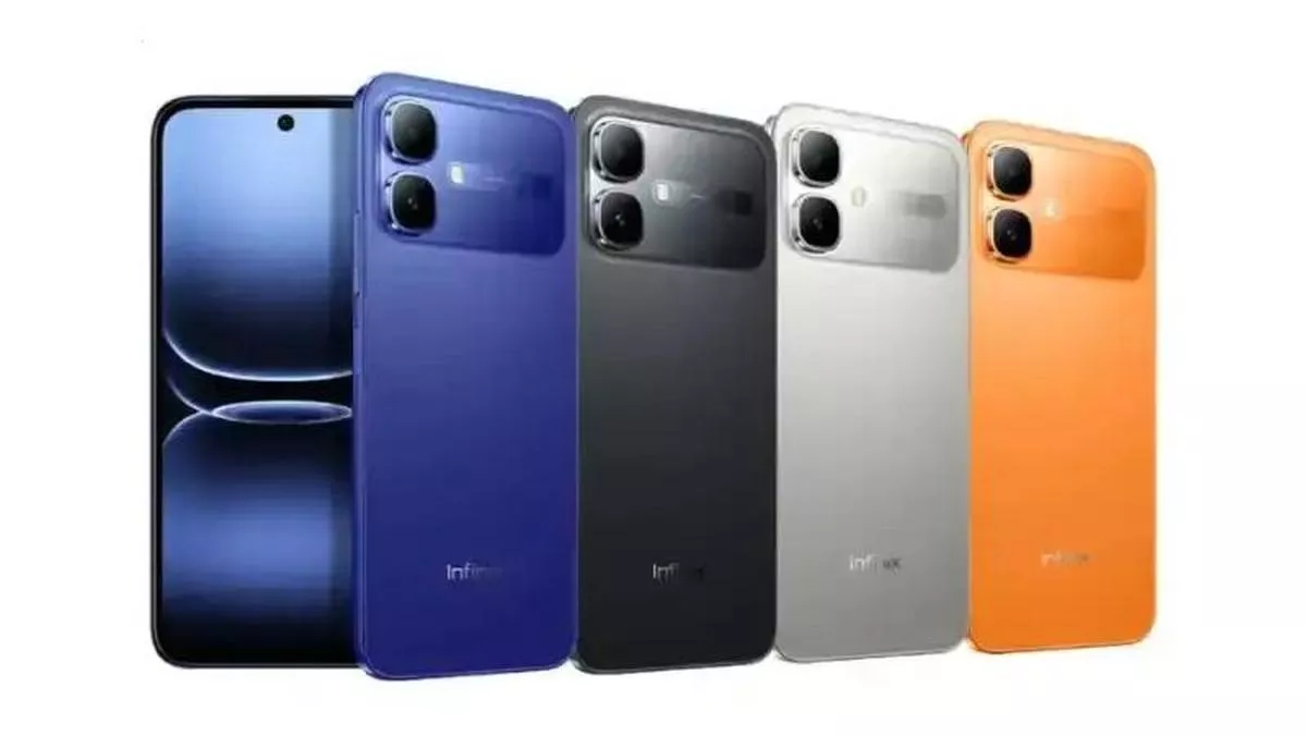 Deretan varian warna smartphone Infinix Smart 20 yang menampilkan sisi layar depan serta pilihan warna bodi belakang biru, hitam, perak, dan oranye.