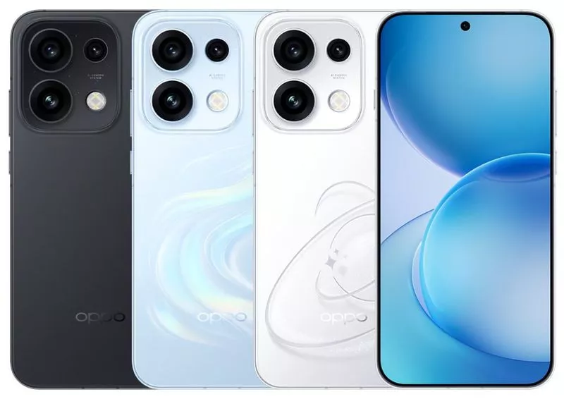 Tiga varian warna Oppo Reno16 bagian belakang beserta tampilan layar depan dengan punch hole kamera.