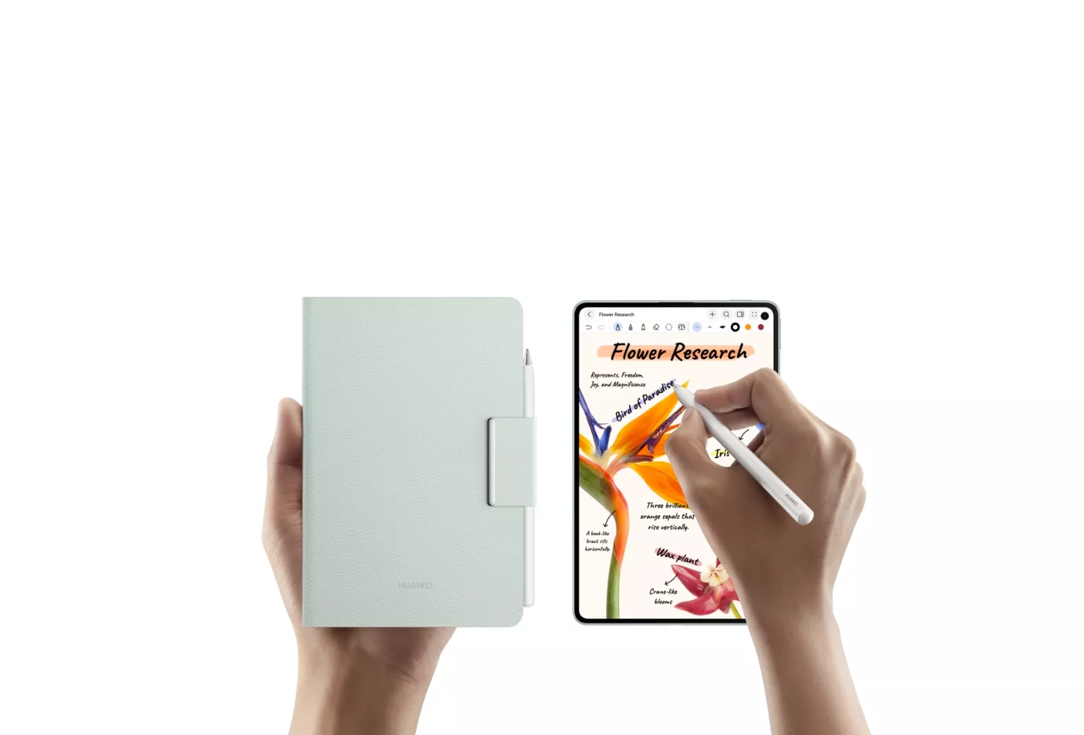 Seseorang menulis menggunakan stylus M-Pencil di layar tablet Huawei MatePad Mini bersanding dengan flip cover pelindungnya.