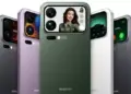 Desain futuristik bodi belakang Xiaomi 18 Pro yang menampilkan layar mini multifungsi di samping modul dua kamera besar.