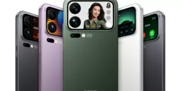 Desain futuristik bodi belakang Xiaomi 18 Pro yang menampilkan layar mini multifungsi di samping modul dua kamera besar.