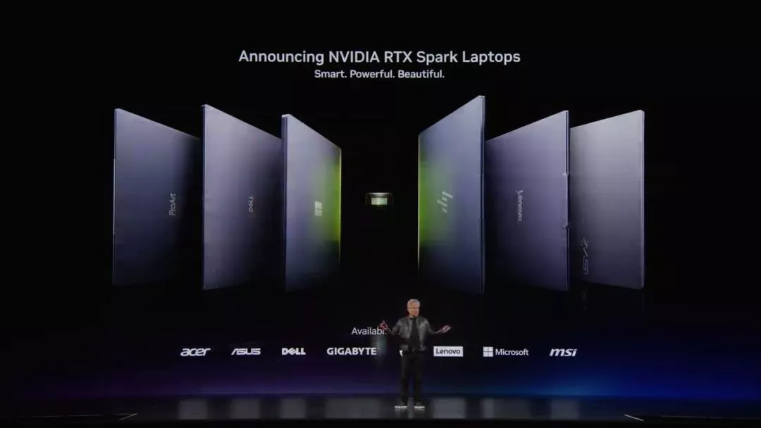 CEO NVIDIA Jensen Huang memperkenalkan jajaran laptop bertenaga RTX Spark dari berbagai brand termasuk MSI di panggung.