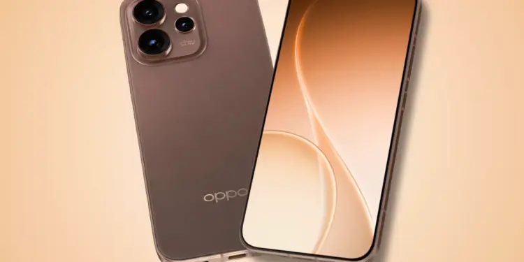 Dua unit smartphone Oppo Reno16 berwarna cokelat keemasan tampak depan dan belakang dengan latar belakang jingga pastel.
