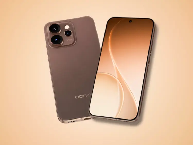 Dua unit smartphone Oppo Reno16 berwarna cokelat keemasan tampak depan dan belakang dengan latar belakang jingga pastel.