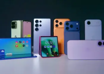 Berbagai jenis perangkat HP Android lipat dan candybar dari berbagai merk sejajar di atas meja