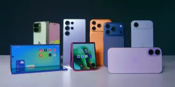 Berbagai jenis perangkat HP Android lipat dan candybar dari berbagai merk sejajar di atas meja