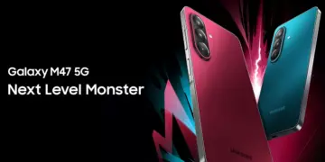 Poster resmi perilisan Samsung Galaxy M47 5G dengan slogan Next Level Monster berlatar belakang hitam.
