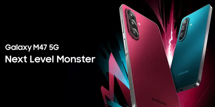 Poster resmi perilisan Samsung Galaxy M47 5G dengan slogan Next Level Monster berlatar belakang hitam.