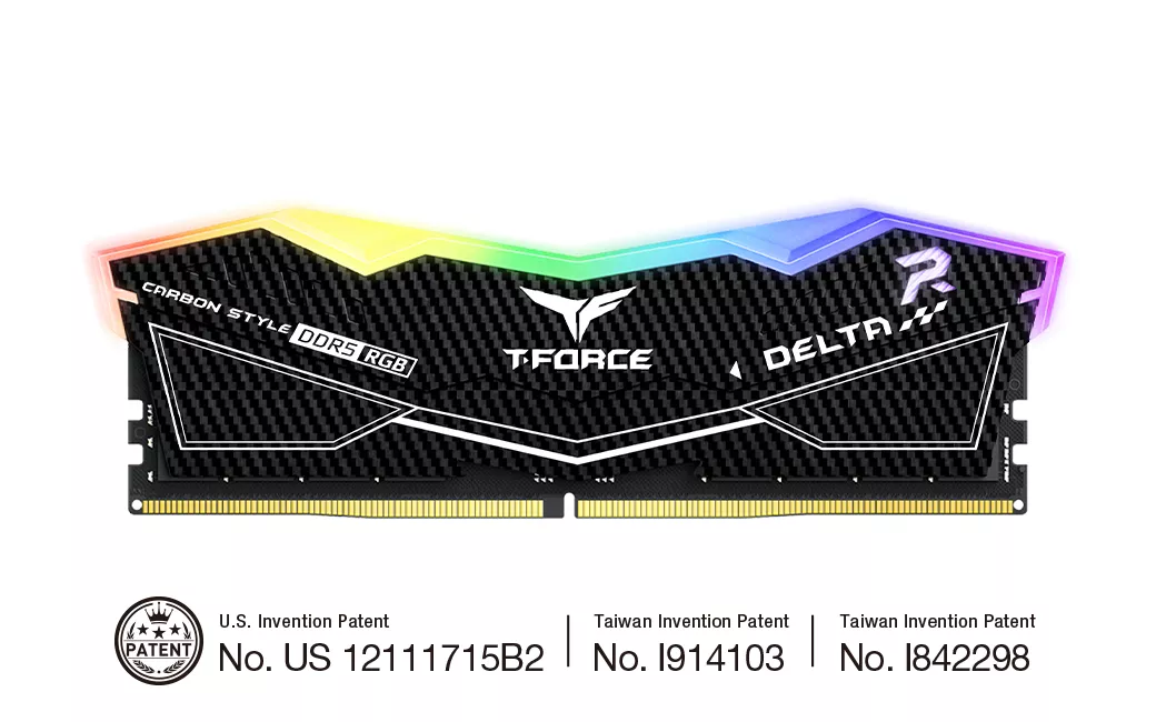 Modul memori premium T-FORCE DELTA DDR5 RGB dari TEAMGROUP yang memadukan estetika serat karbon sport dengan paten teknologi tinggi.