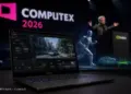 Laptop RTX Spark menjalankan software simulasi kecerdasan buatan Cosmos 3 di ajang COMPUTEX 2026.