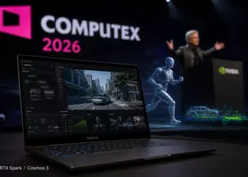 Laptop RTX Spark menjalankan software simulasi kecerdasan buatan Cosmos 3 di ajang COMPUTEX 2026.