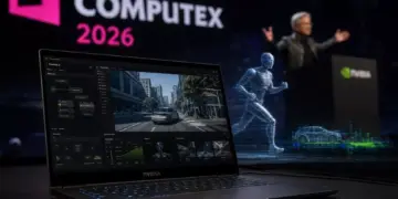 Laptop RTX Spark menjalankan software simulasi kecerdasan buatan Cosmos 3 di ajang COMPUTEX 2026.