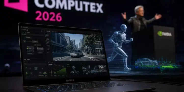Laptop RTX Spark menjalankan software simulasi kecerdasan buatan Cosmos 3 di ajang COMPUTEX 2026.