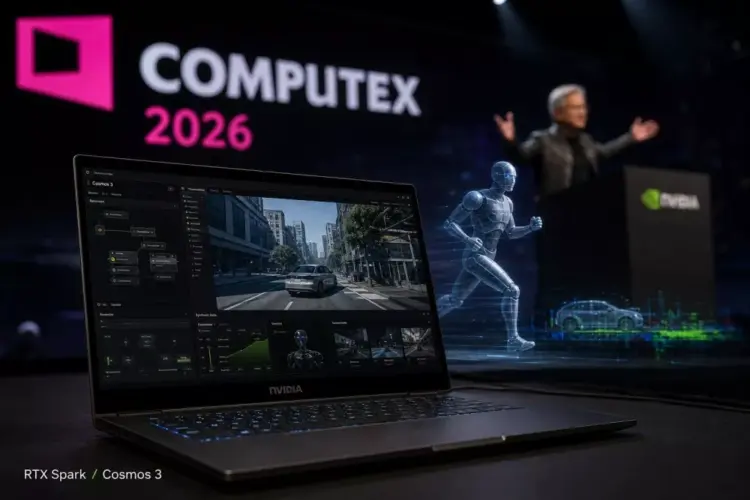 Laptop RTX Spark menjalankan software simulasi kecerdasan buatan Cosmos 3 di ajang COMPUTEX 2026.