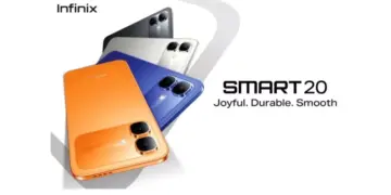 Banner promosi resmi Infinix Smart 20 dengan slogan Joyful Durable Smooth.