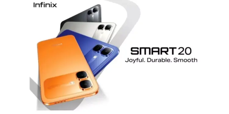 Banner promosi resmi Infinix Smart 20 dengan slogan Joyful Durable Smooth.
