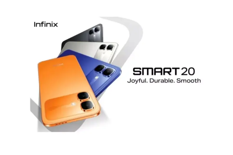 Banner promosi resmi Infinix Smart 20 dengan slogan Joyful Durable Smooth.
