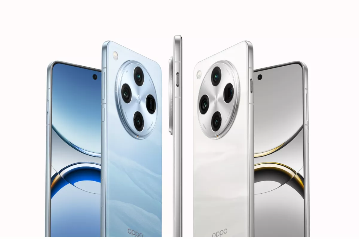 Jajaran produk smartphone flagship OPPO terbaru dalam pilihan warna biru dan putih.
