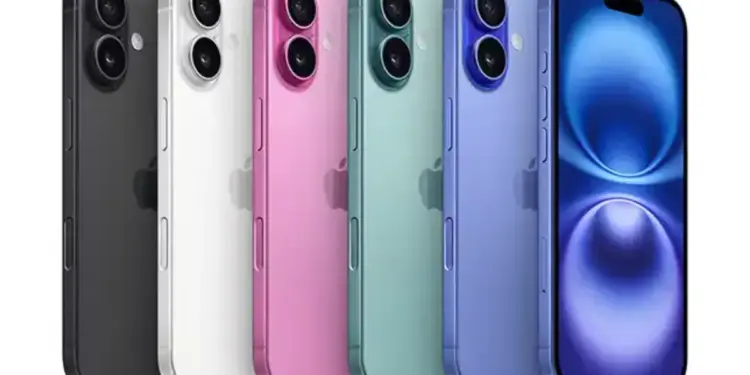 Ilustrasi jajaran warna-warni estetik dari seri iPhone reguler yang sangat dicari di pasar handphone bekas.