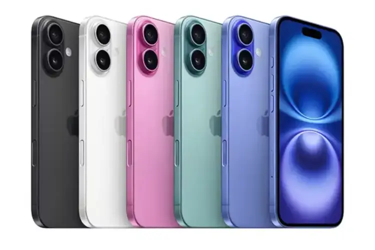 Ilustrasi jajaran warna-warni estetik dari seri iPhone reguler yang sangat dicari di pasar handphone bekas.