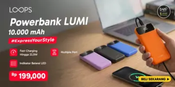 Banner promosi Powerbank Loops LUMI 10.000 mAh seharga Rp 199.000 dengan info fitur Fast Charging 22,5W, Indikator Baterai LED, dan Multiple Port.