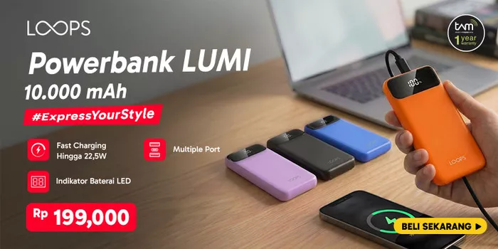 Banner promosi Powerbank Loops LUMI 10.000 mAh seharga Rp 199.000 dengan info fitur Fast Charging 22,5W, Indikator Baterai LED, dan Multiple Port.