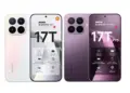 Perbandingan desain bodi belakang dan spesifikasi layar utama Xiaomi 17T warna putih dan Xiaomi 17T Pro warna ungu.