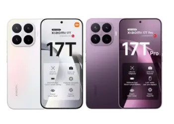Perbandingan desain bodi belakang dan spesifikasi layar utama Xiaomi 17T warna putih dan Xiaomi 17T Pro warna ungu.