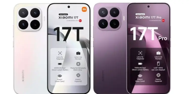 Perbandingan desain bodi belakang dan spesifikasi layar utama Xiaomi 17T warna putih dan Xiaomi 17T Pro warna ungu.
