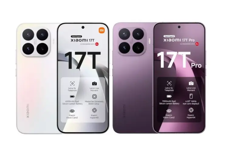 Perbandingan desain bodi belakang dan spesifikasi layar utama Xiaomi 17T warna putih dan Xiaomi 17T Pro warna ungu.