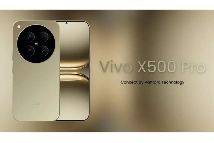Konsep desain bodi belakang dan tampilan layar penuh Vivo X500 Pro Max berwarna emas dengan modul kamera melingkar besar Zeiss.