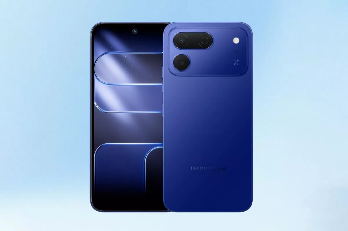 Desain futuristik Tecno Spark 50 Pro yang memadukan layar responsif dan modul kamera belakang ikonik.
